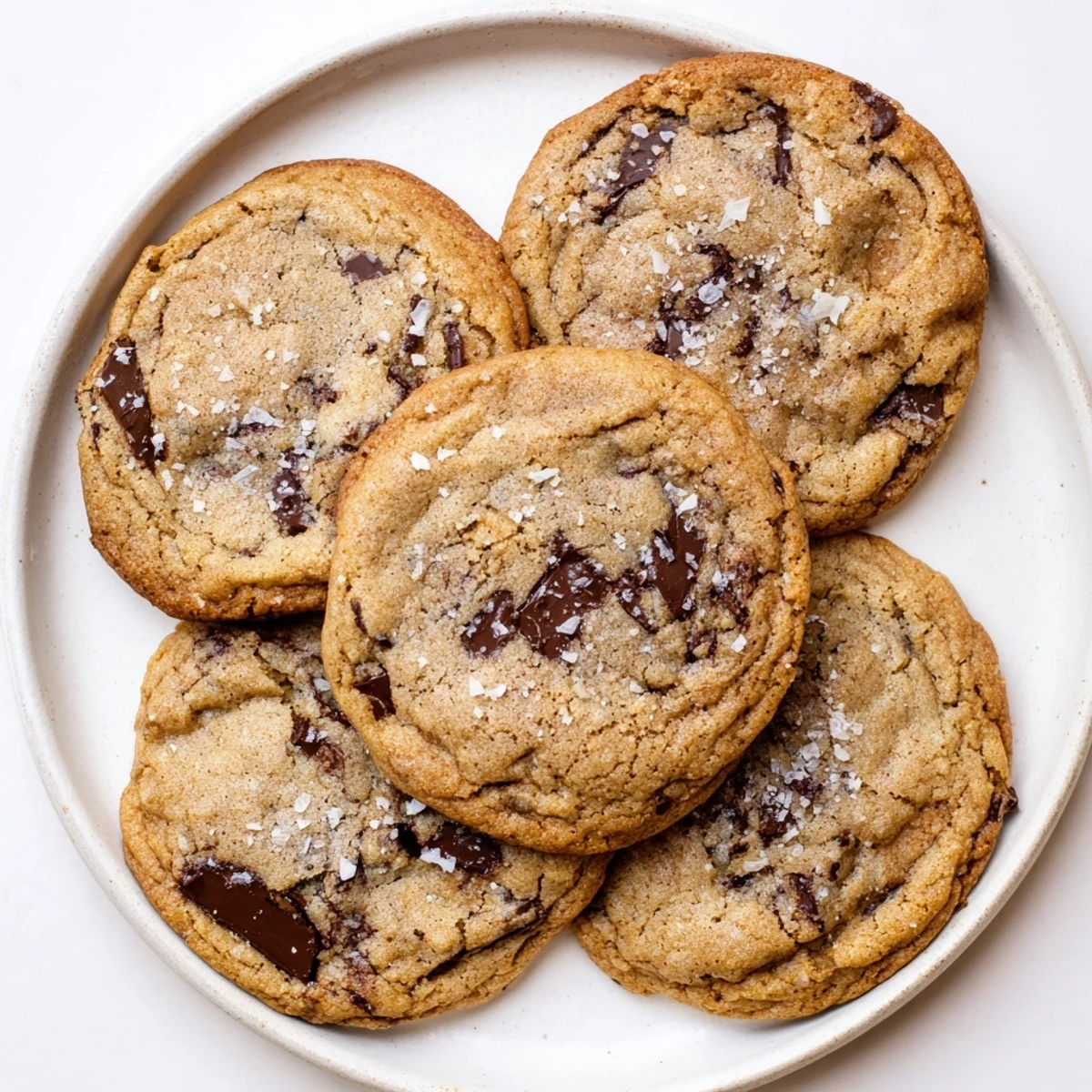 Golden-brown Miso Chocolate Chip Cookies cooling on a wire rack with flaky sea salt on top.