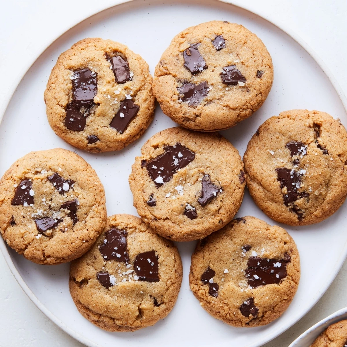 Stack of warm Miso Chocolate Chip Cookies showing a buttery texture, served alongside a cold glass of milk.