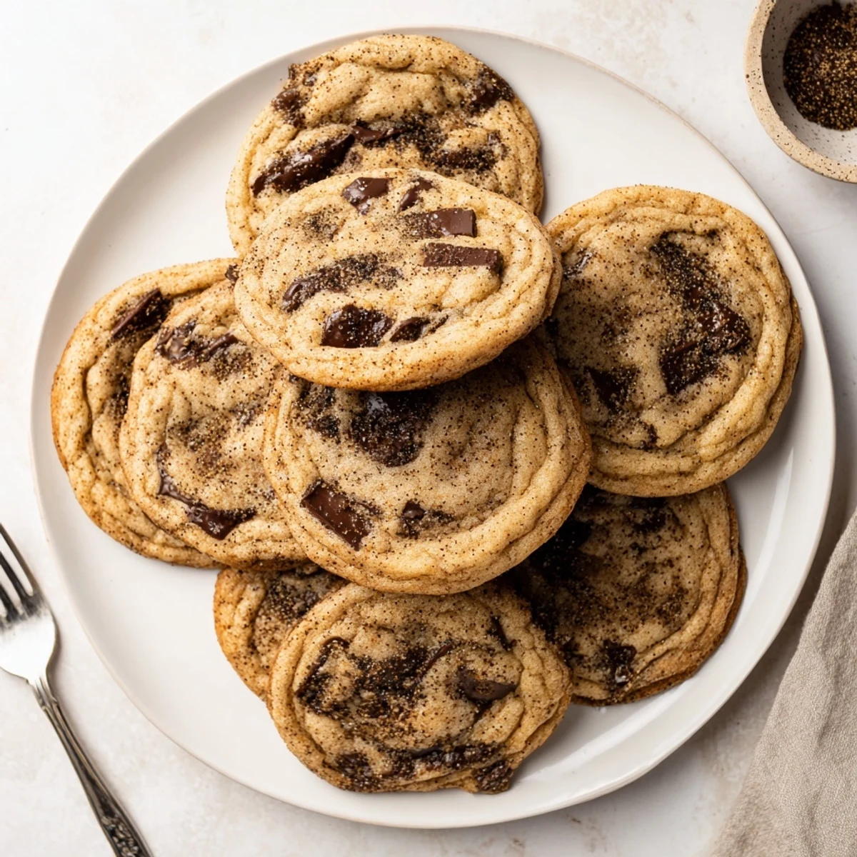 Chai Spiced Chocolate Chip Cookies with gooey chocolate on a rustic wooden board.