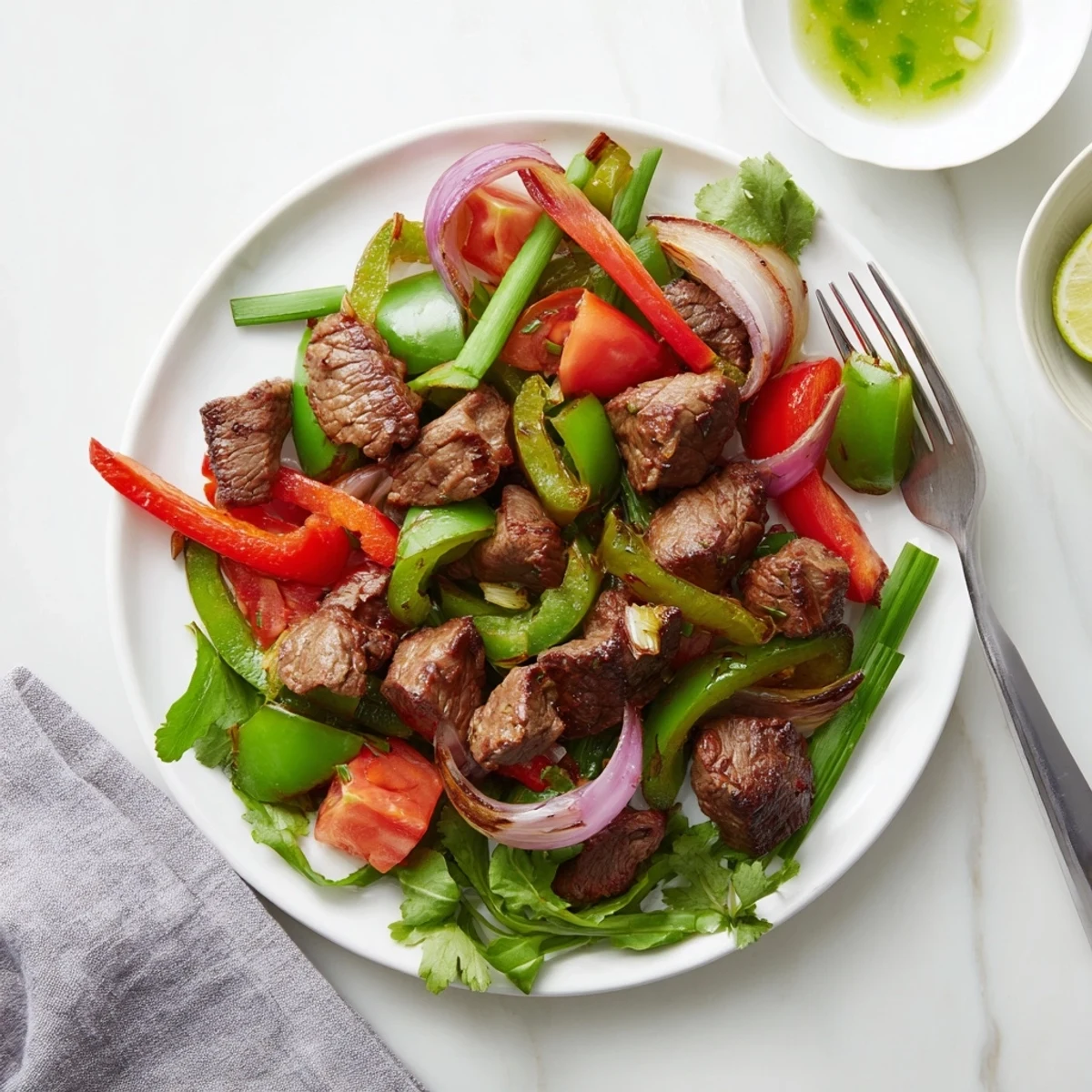 Juicy cubes of Vietnamese Shaking Beef sizzle with red onion and bell peppers on a bed of fresh watercress.