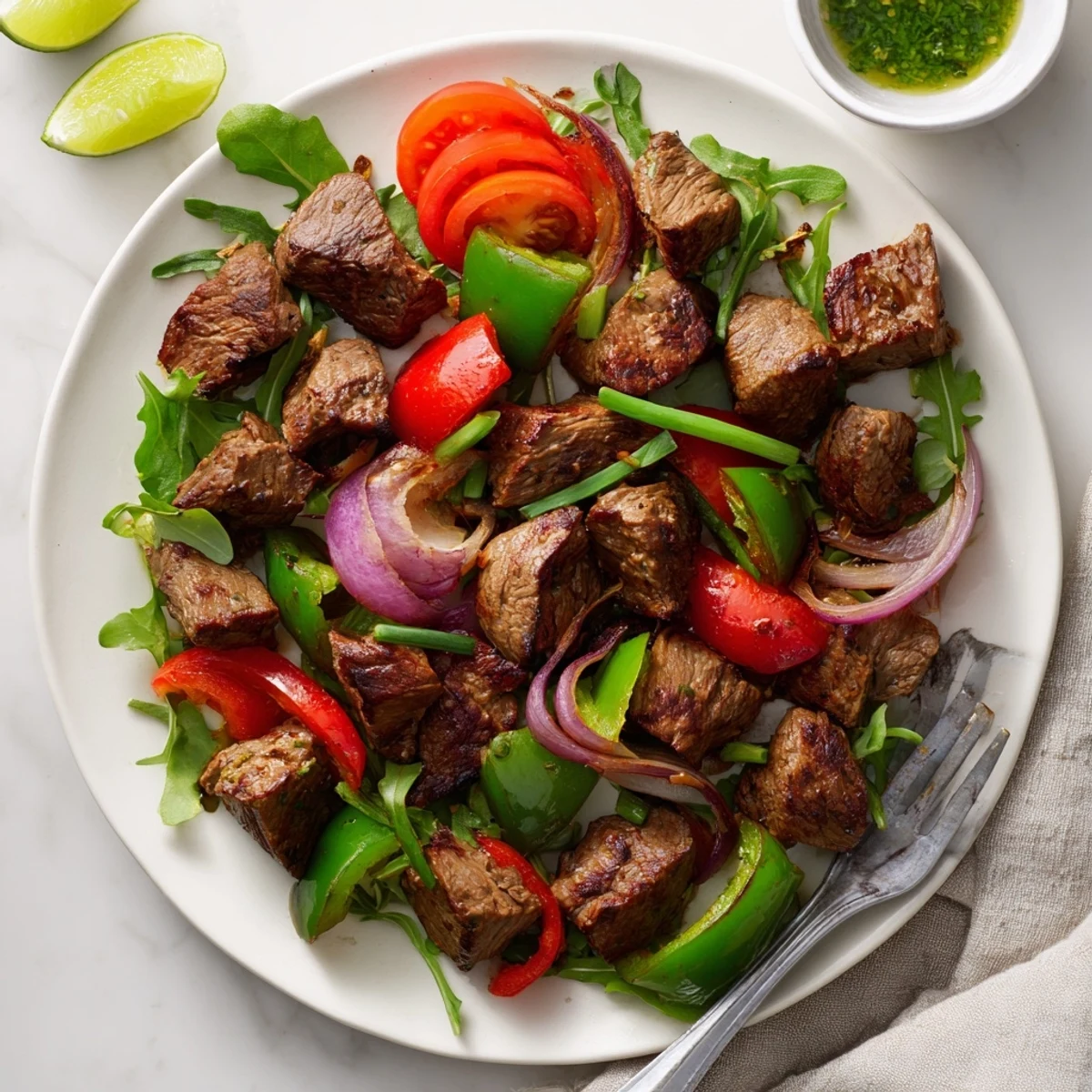 Tender marinated steak pieces for Vietnamese Shaking Beef glisten beside sliced tomatoes with a zesty lime dipping sauce.