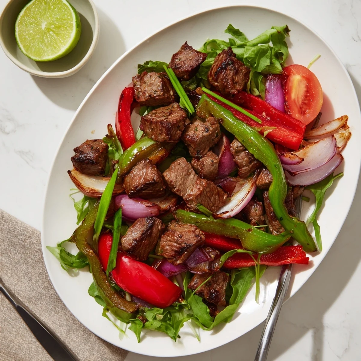Golden seared beef from Vietnamese Shaking Beef served over steamed jasmine rice with crisp vegetables and fresh herbs.