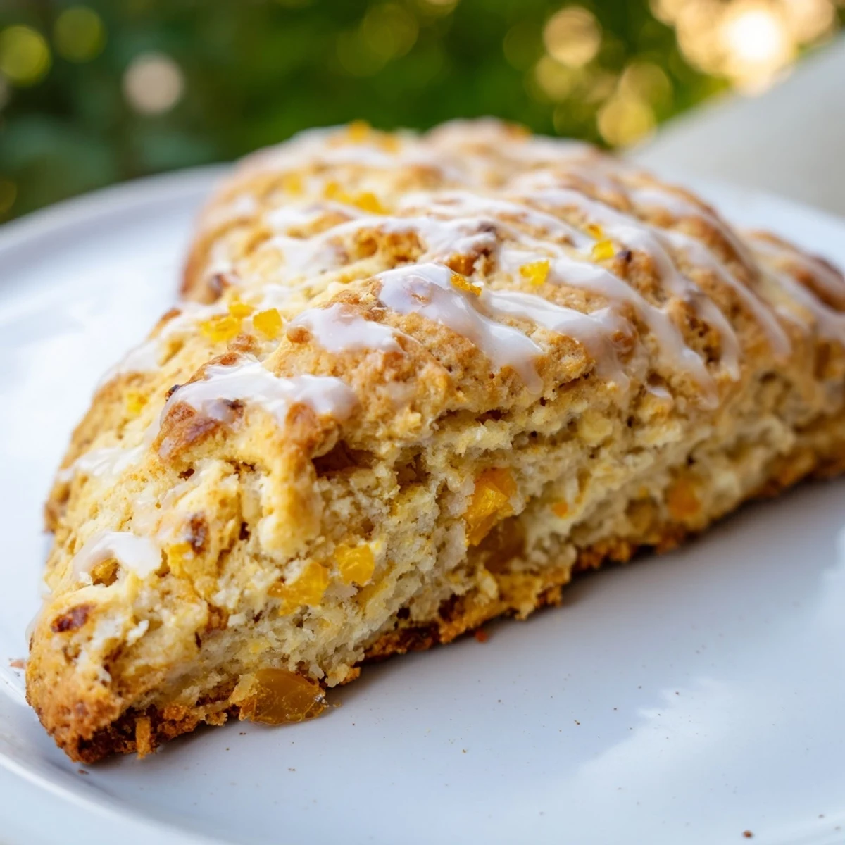 Warm Candied Ginger Orange Scones served on a ceramic plate next to a cup of Earl Grey tea.
