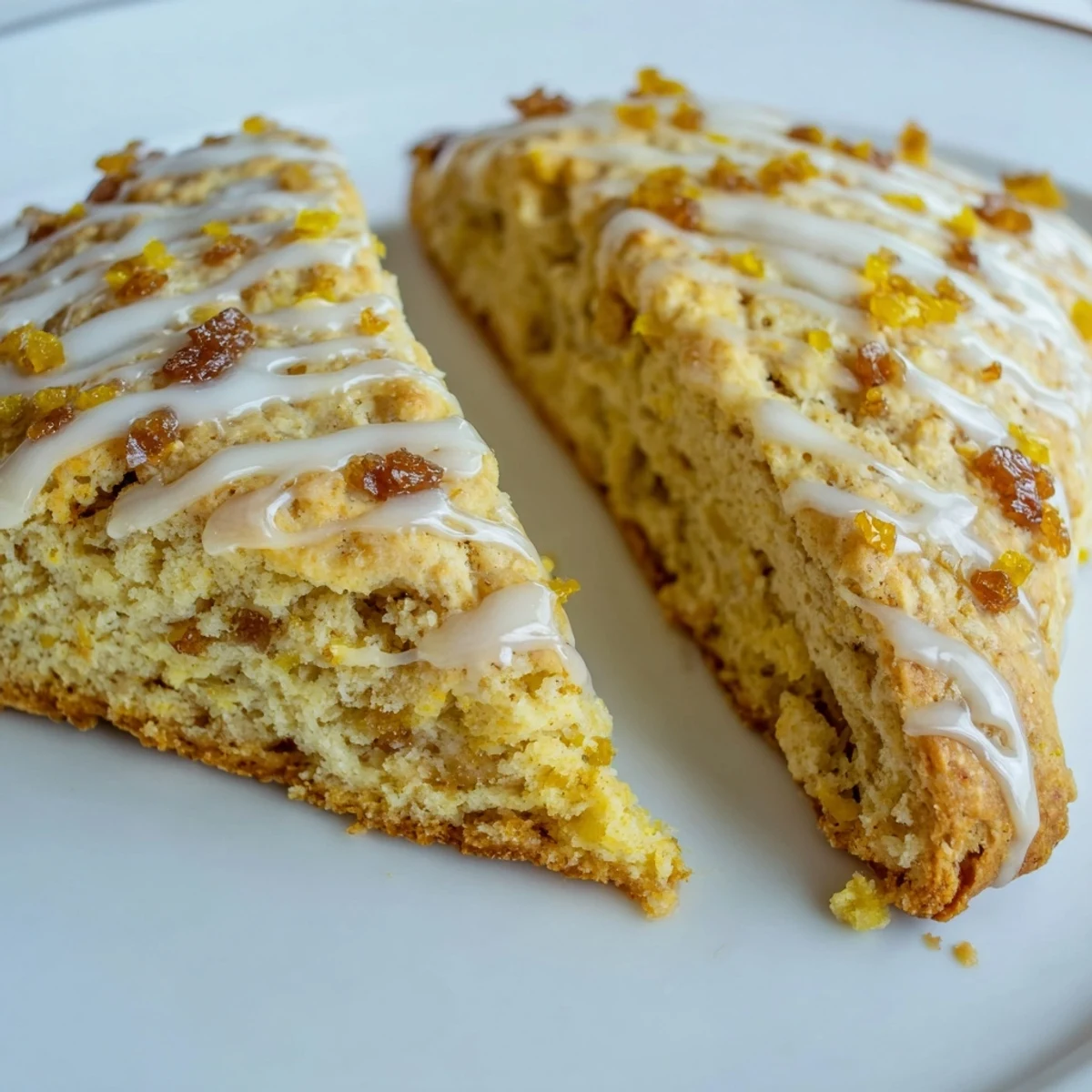 Golden brown, triangular Candied Ginger Orange Scones studded with candied ginger pieces and orange zest.