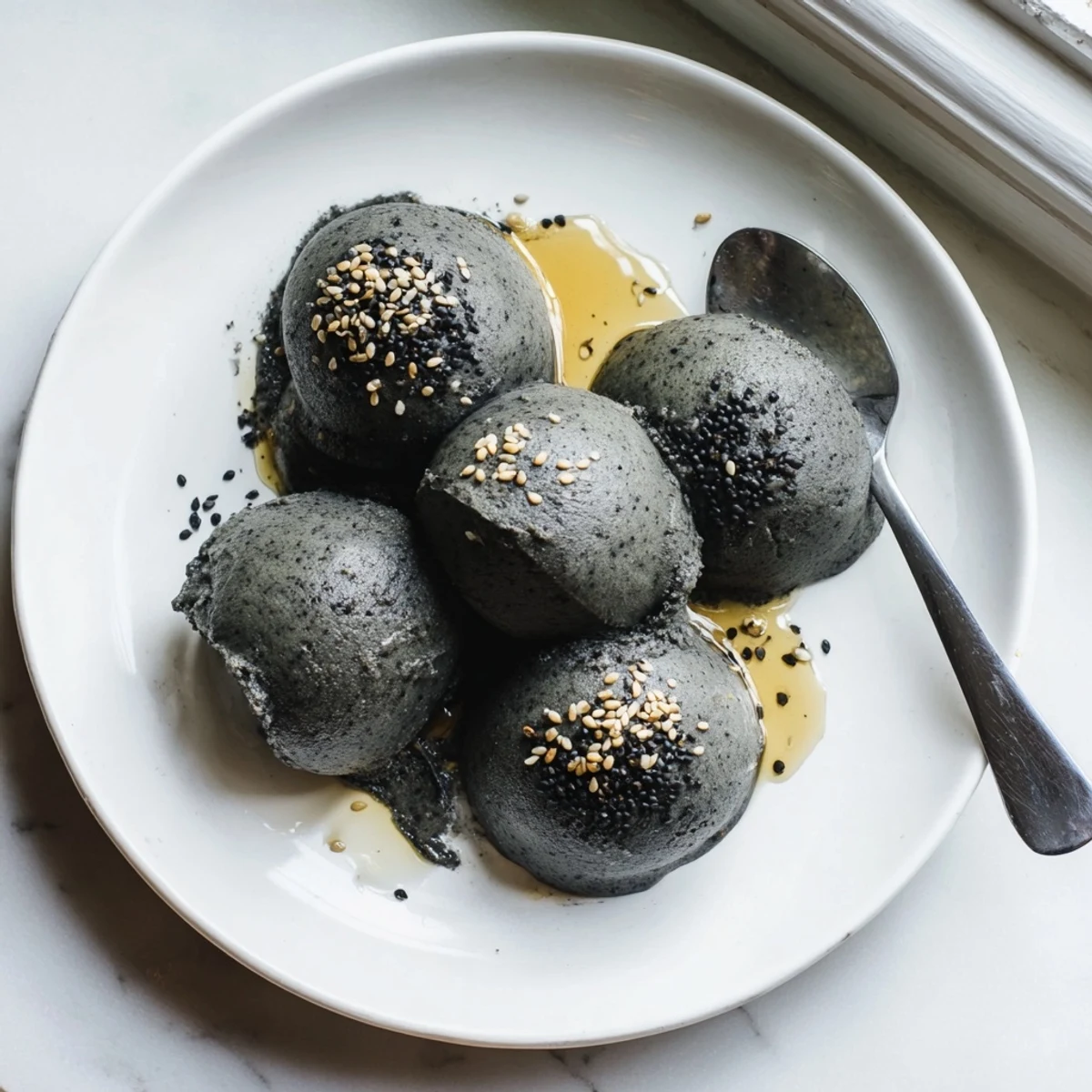 Creamy Toasted Black Sesame Ice Cream served in a waffle cone with a drizzle of honey and black sesame paste.