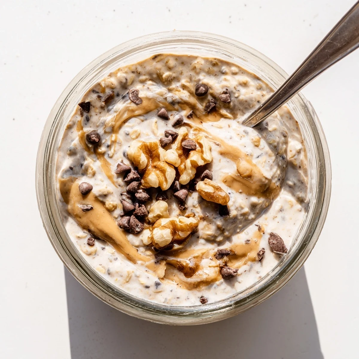 Chilled glass jar of Cookie Dough Overnight Oats topped with chocolate chips and almond butter drizzle.