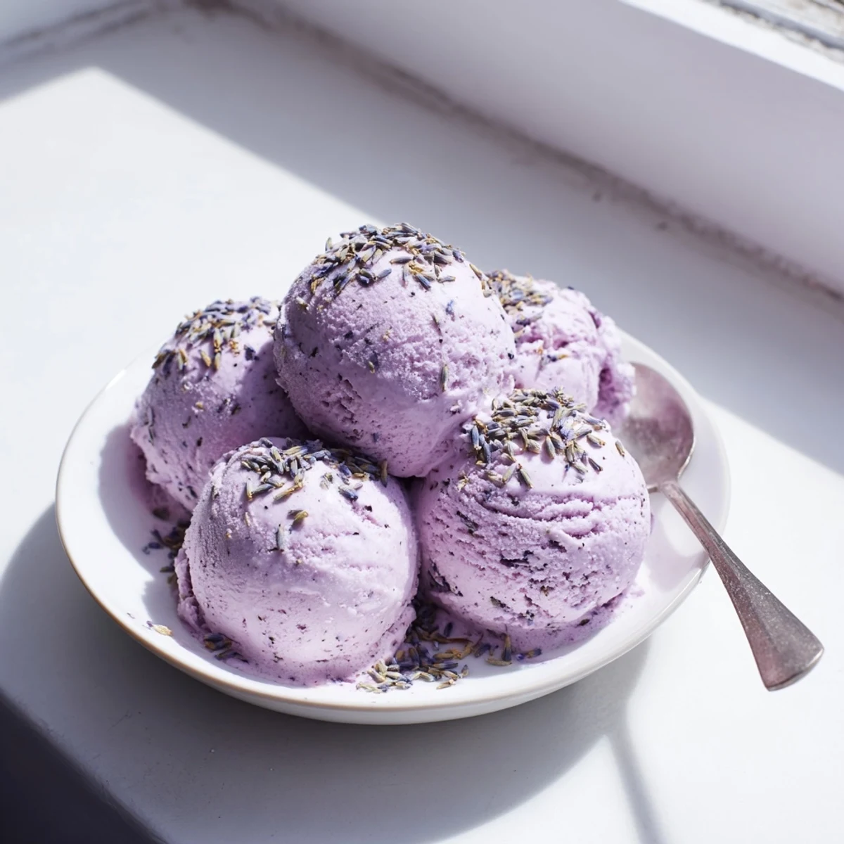 Lavender ice cream served in a waffle cone with fresh berries for an elegant dessert.