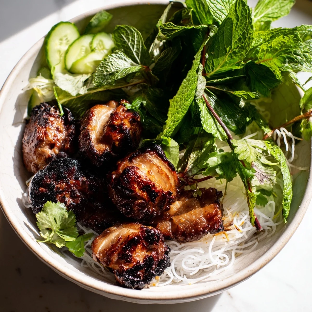 Golden-brown Bun Cha Hanoi pork patties and slices sizzle beside rice noodles and fresh herbs.