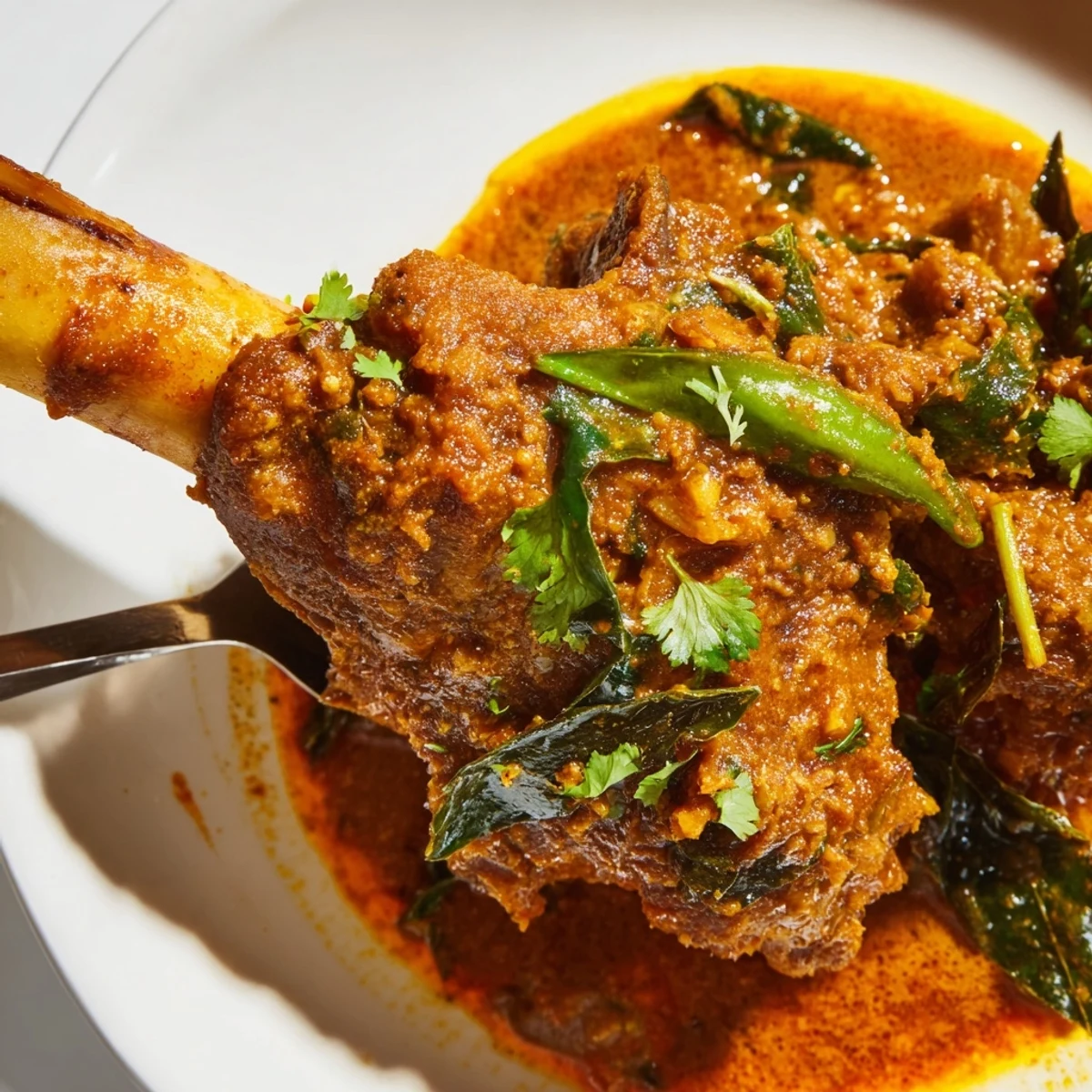 A hearty Sri Lankan Lamb Shank Curry served over steamed rice with fresh coriander garnish.