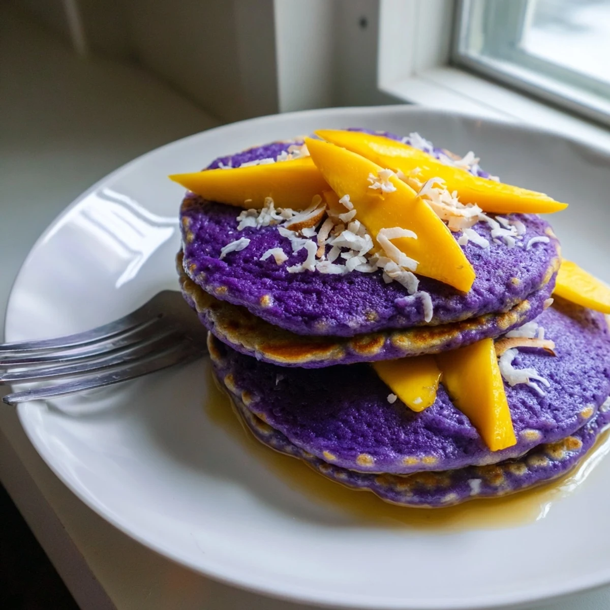 Warm, golden Ube Mochi Pancakes stacked high, drizzled with sweetened condensed milk and topped with fresh mango slices.