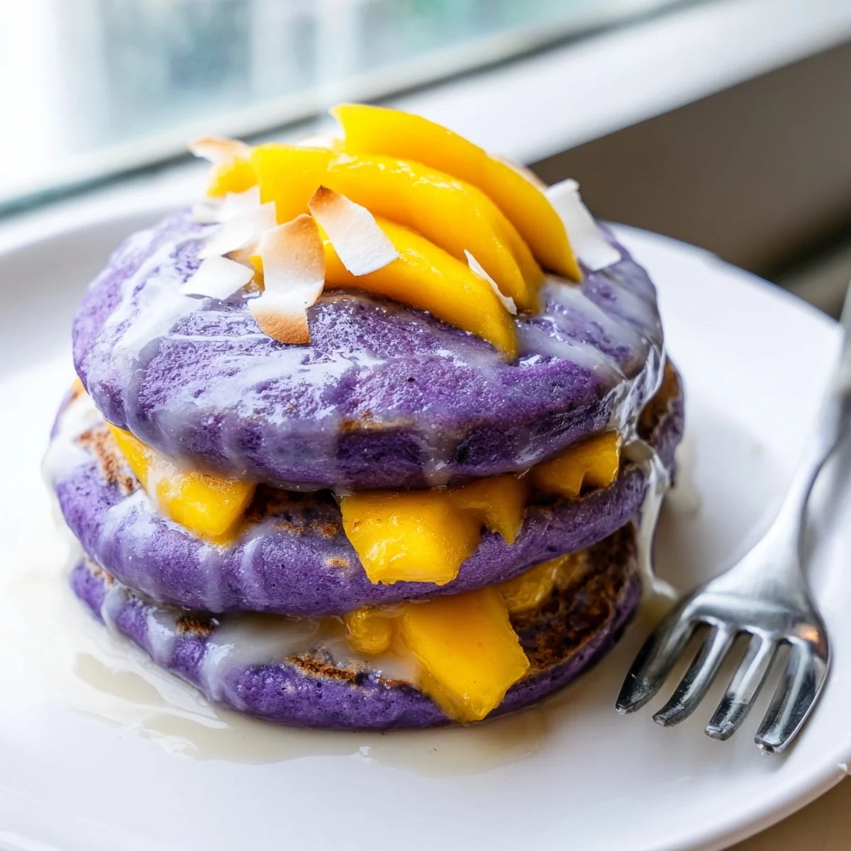 Fluffy Ube Mochi Pancakes with a vibrant purple hue, served alongside a steaming cup of hot coffee.