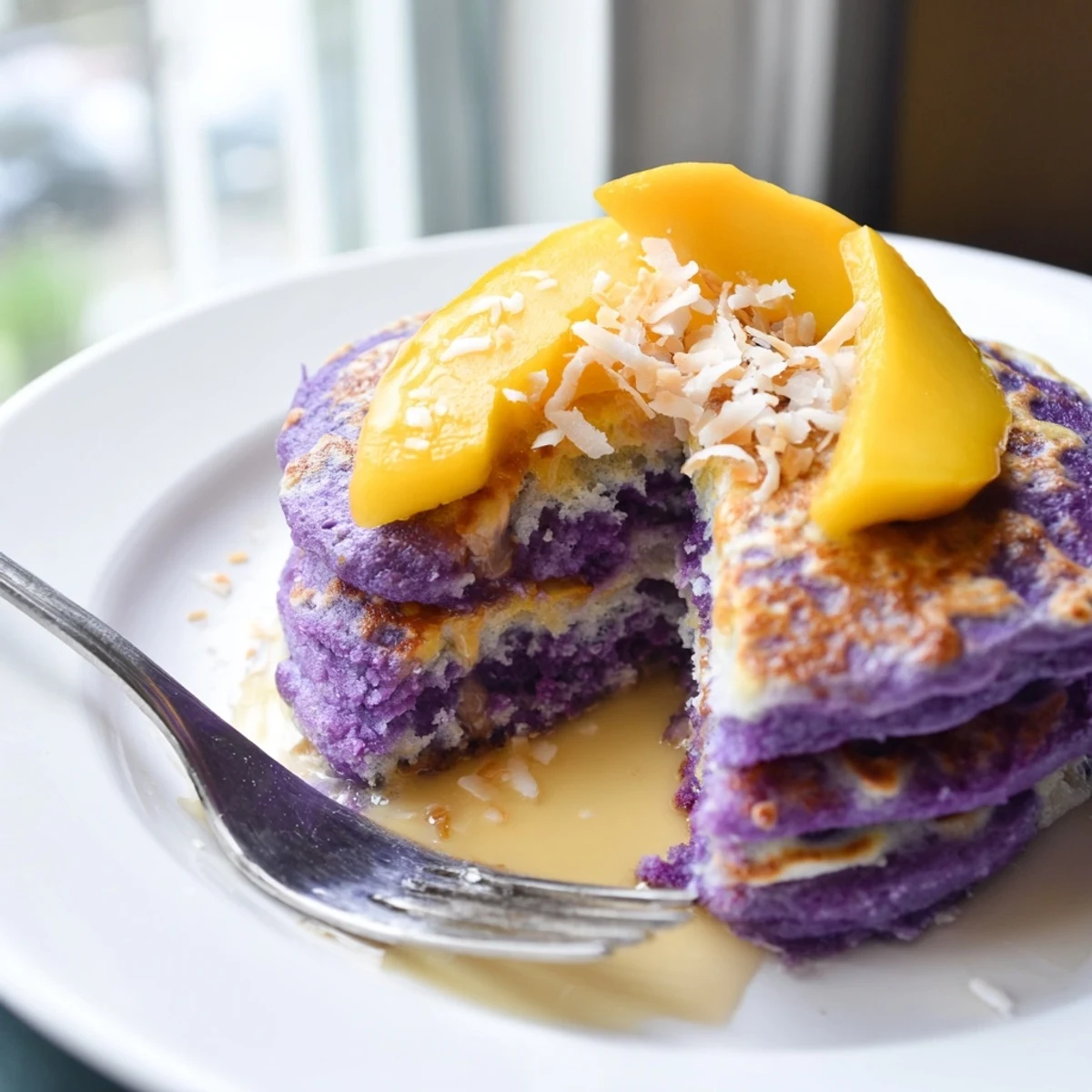 Stack of chewy Ube Mochi Pancakes garnished with toasted coconut flakes and berries on a white plate.