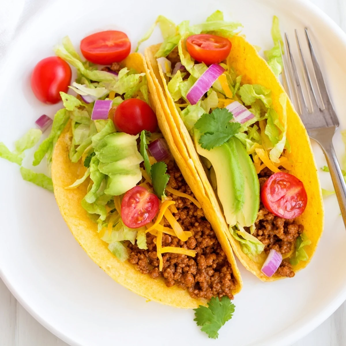 Freshly warmed tortillas filled with savory Vegetarian Ground Beef Tacos topped with crisp lettuce and sliced avocado.