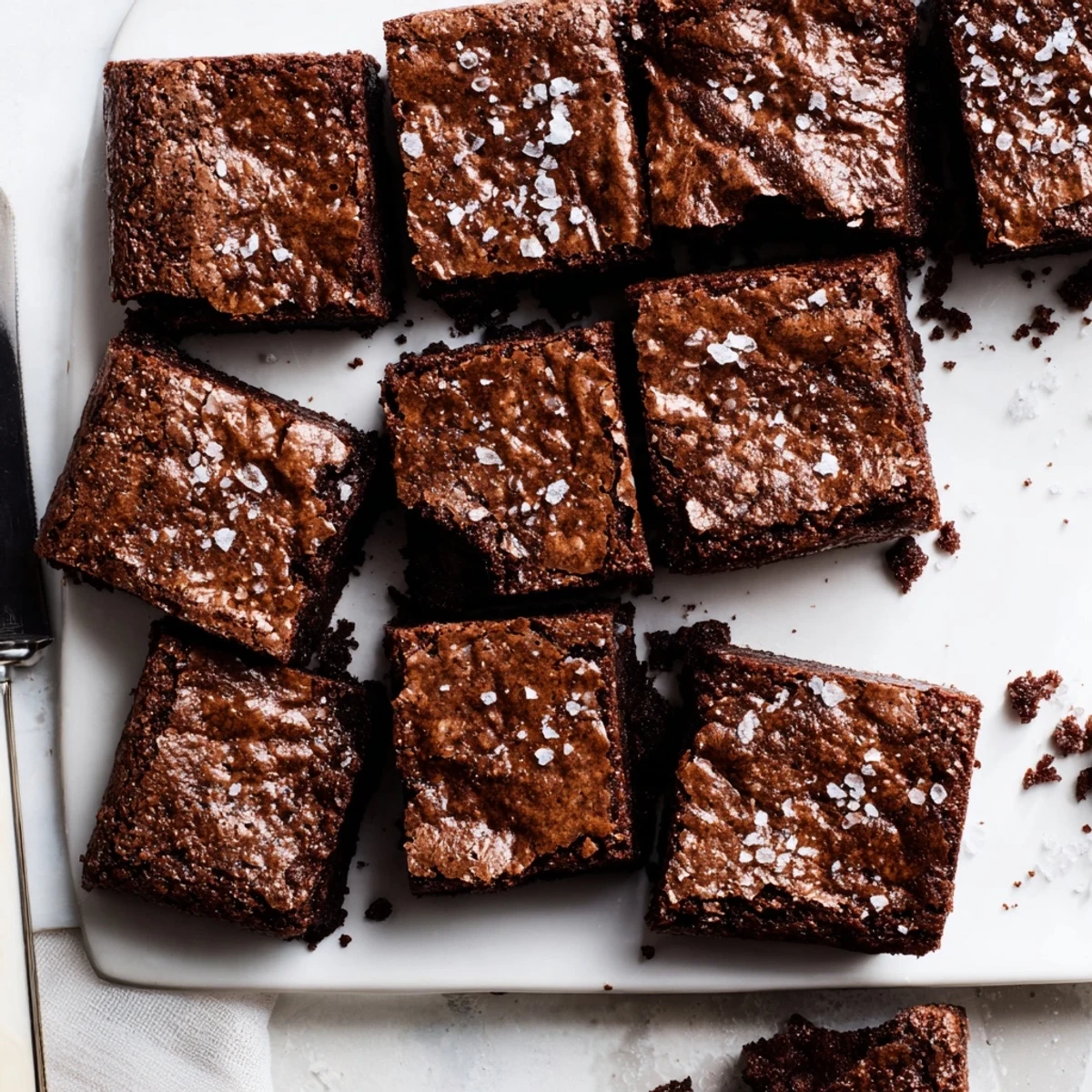 Freshly baked Fudgy Brown Butter Mochi Brownies cut into neat squares, revealing a glossy chocolate top and chewy interior.