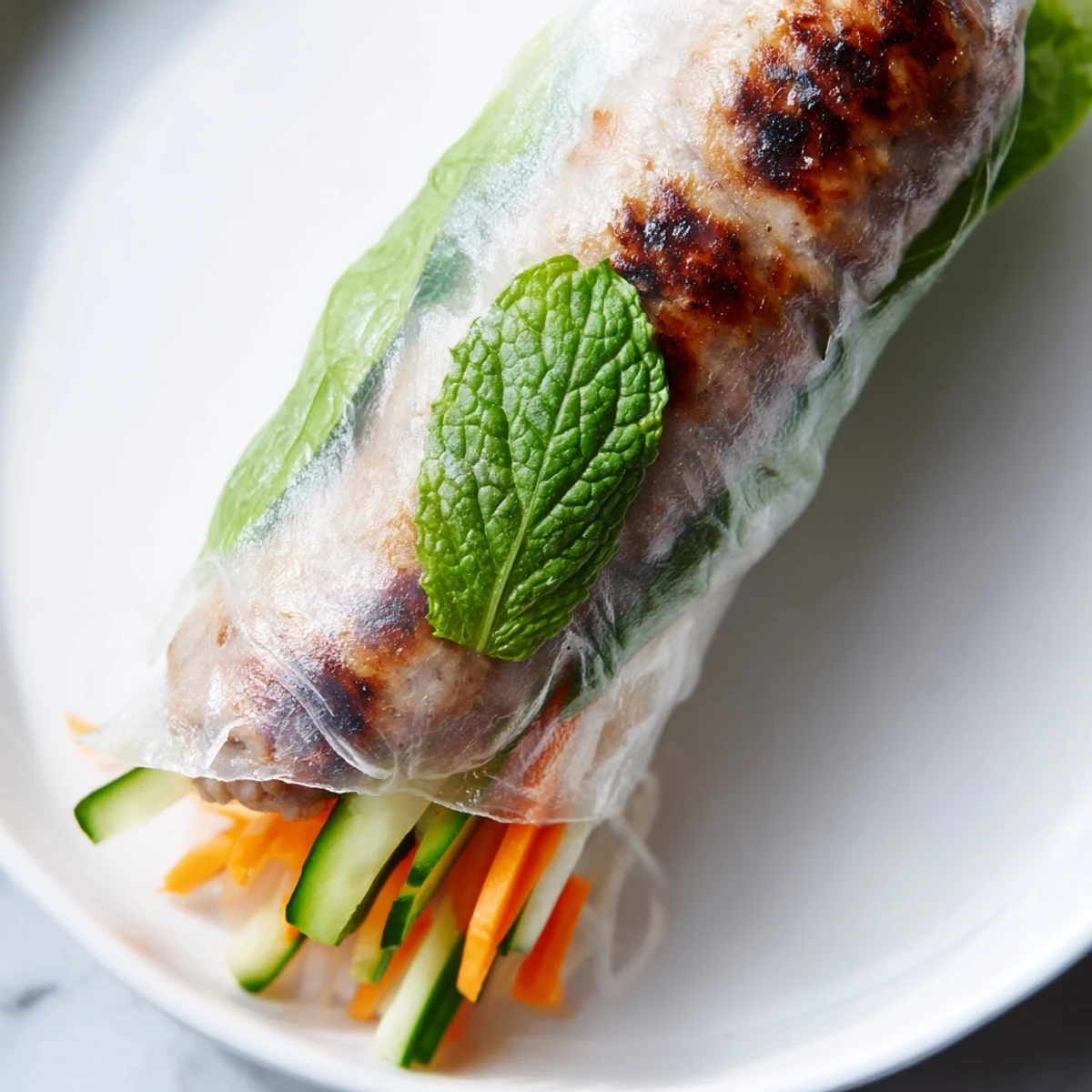 Freshly grilled nem nuong spring rolls with crisp vegetables and fresh herbs arranged on a white plate.