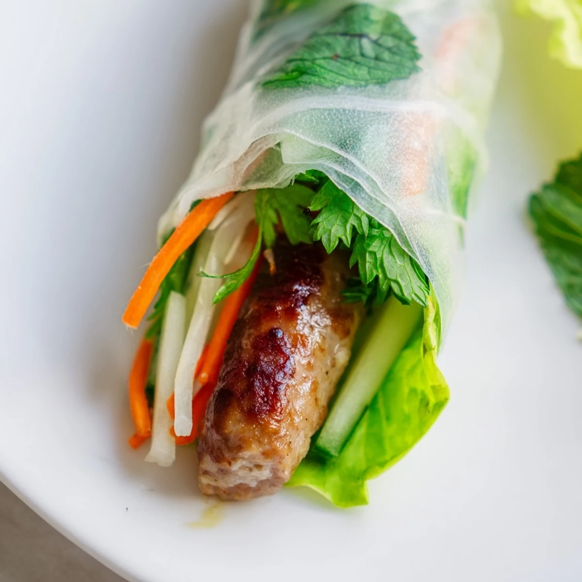 Vietnamese nem nuong spring rolls wrapped in delicate rice paper on a bamboo tray, ready to enjoy.