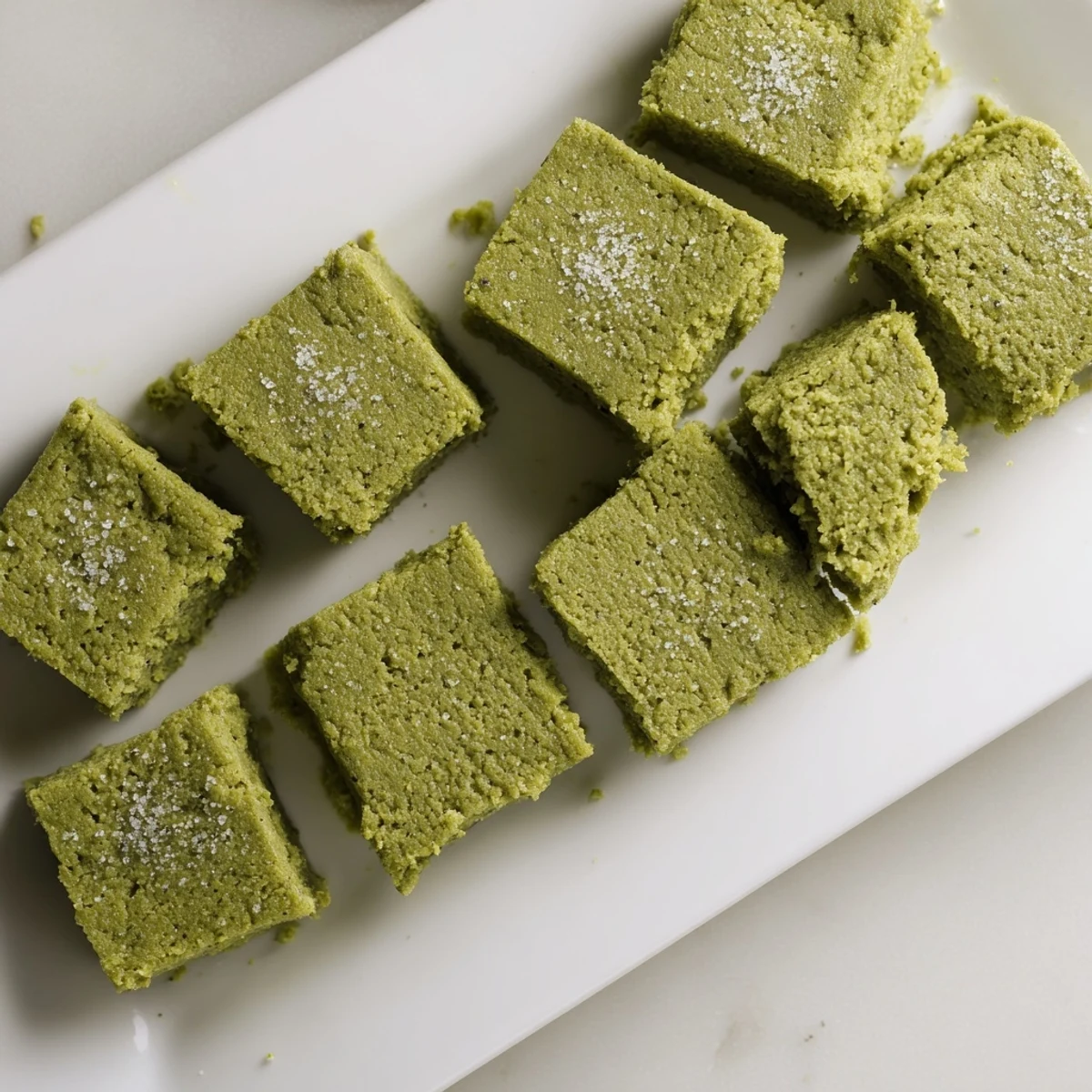 Freshly sliced 5-Ingredient Matcha Halva squares on a marble board, showing a soft, crumbly texture perfect for dessert platters.