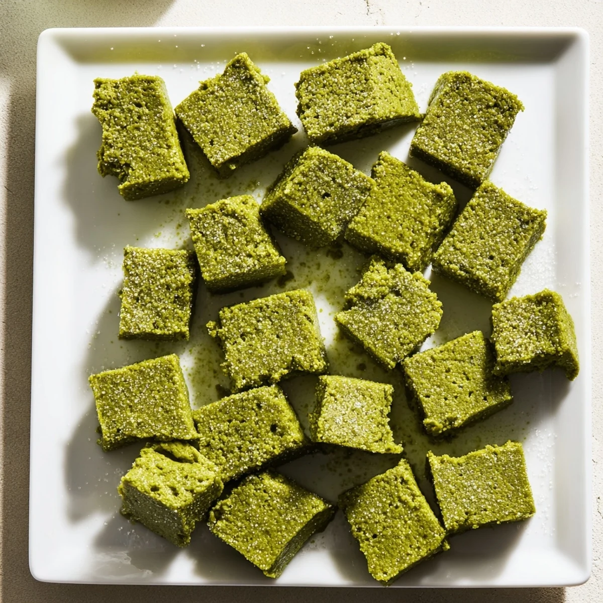 Glossy, handmade 5-Ingredient Matcha Halva pieces displayed on a plate, offering a nutty and sweet aroma.