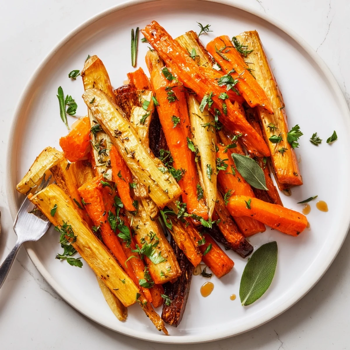 Roasted Tarragon and Honey Parsnips and Carrots glisten with caramelization and fresh herbs on a rustic platter.