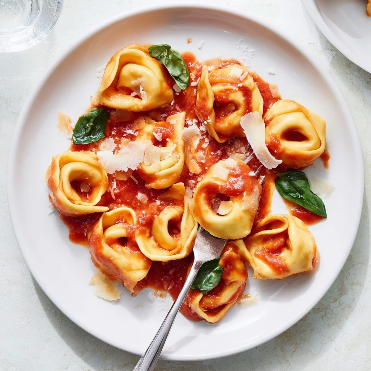 Close-up of Mozzarella Tortellini on a rustic table, showing melted cheese filling inside tender pasta.
