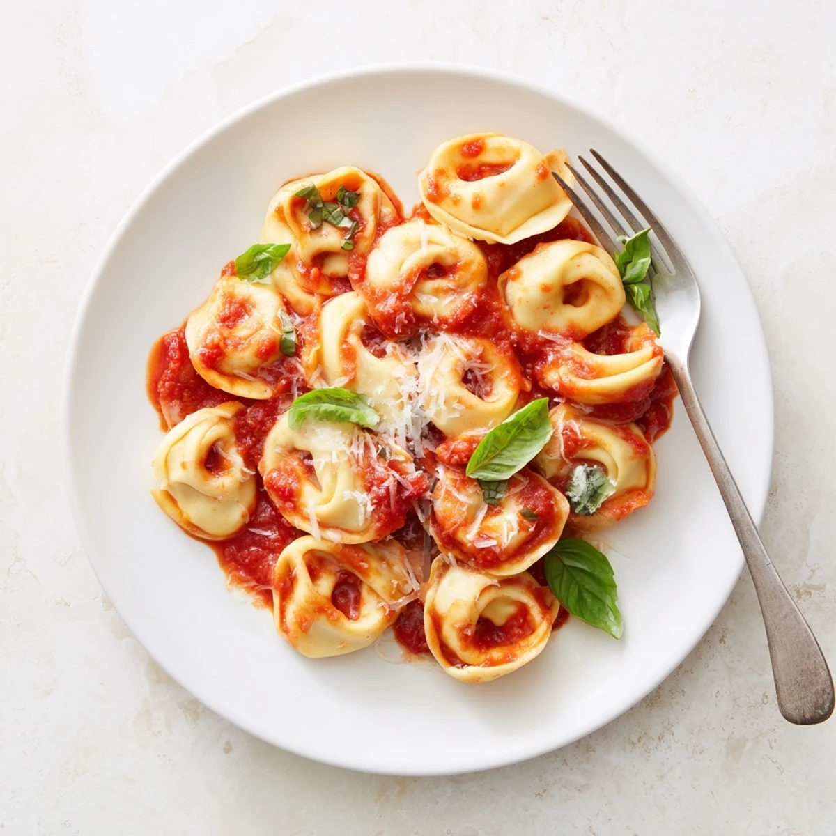 Mozzarella Tortellini swimming in a rich tomato sauce with fresh basil garnish on a white plate.