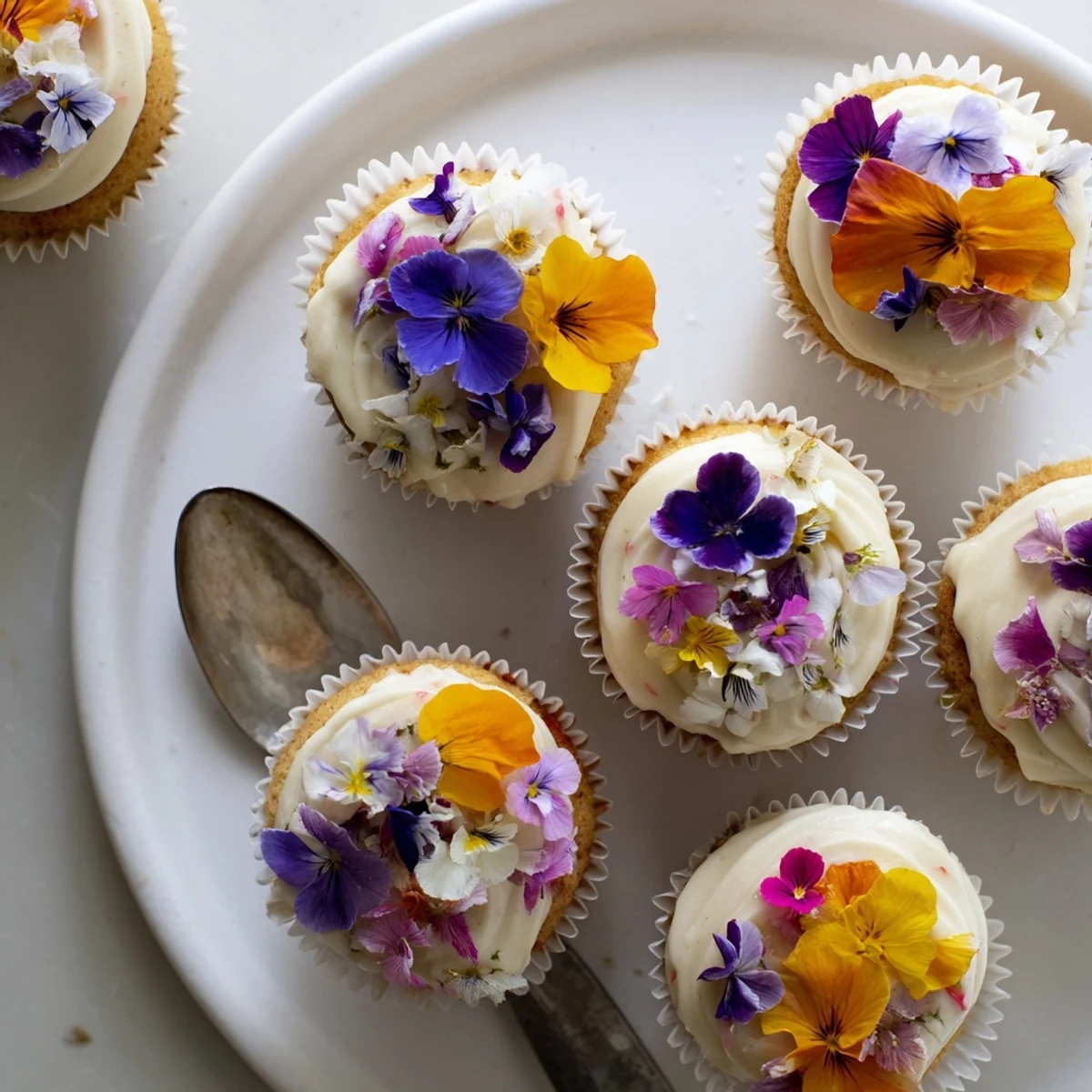 A close-up of Wild Flower Cupcakes with soft vanilla buttercream and vibrant edible wildflowers like pansies and violets.