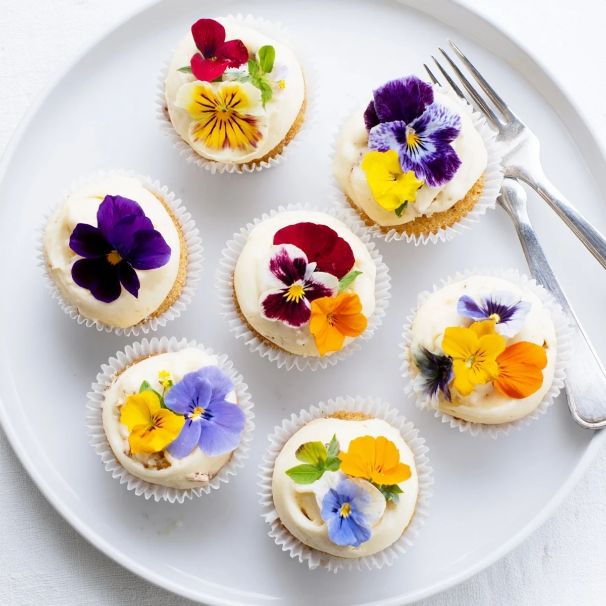 This image shows Wild Flower Cupcakes arranged on a wire rack, ideal for a springtime afternoon tea party.