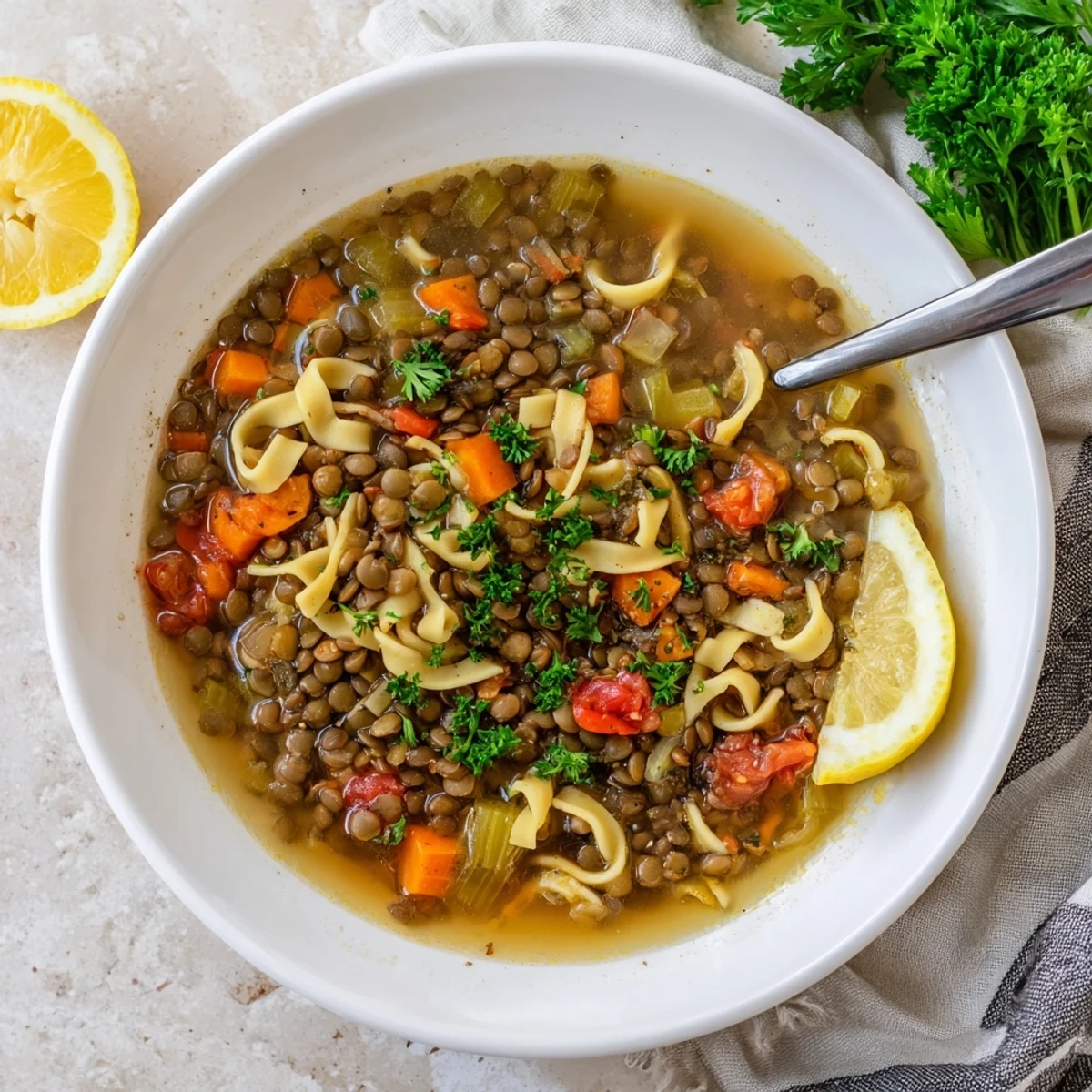 A warm bowl of Lentil Noodle Soup features tender lentils, carrots, and noodles in a savory broth, topped with fresh parsley.