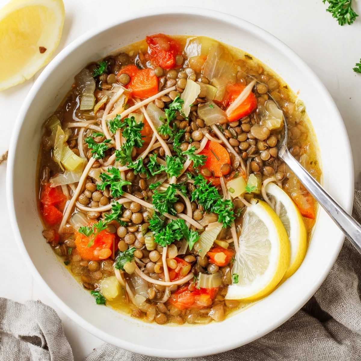 Hearty Lentil Noodle Soup served in a rustic bowl, garnished with chopped parsley and lemon wedges, perfect for a cozy dinner.