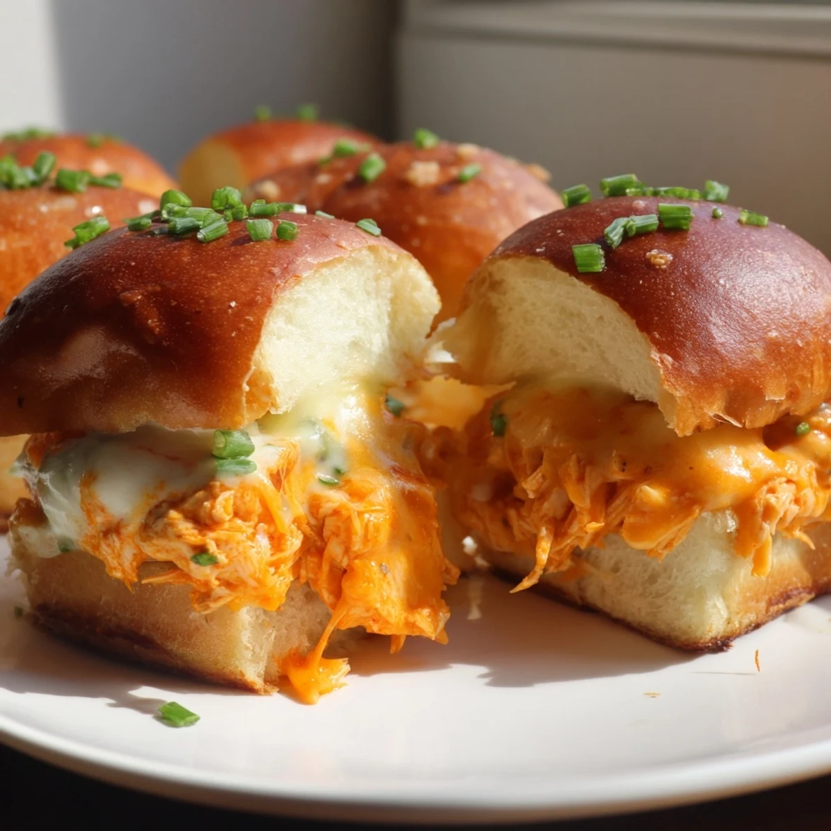 Freshly baked Buffalo Chicken Pizza Dip Sliders topped with melted mozzarella and cheddar on a golden-brown bun.