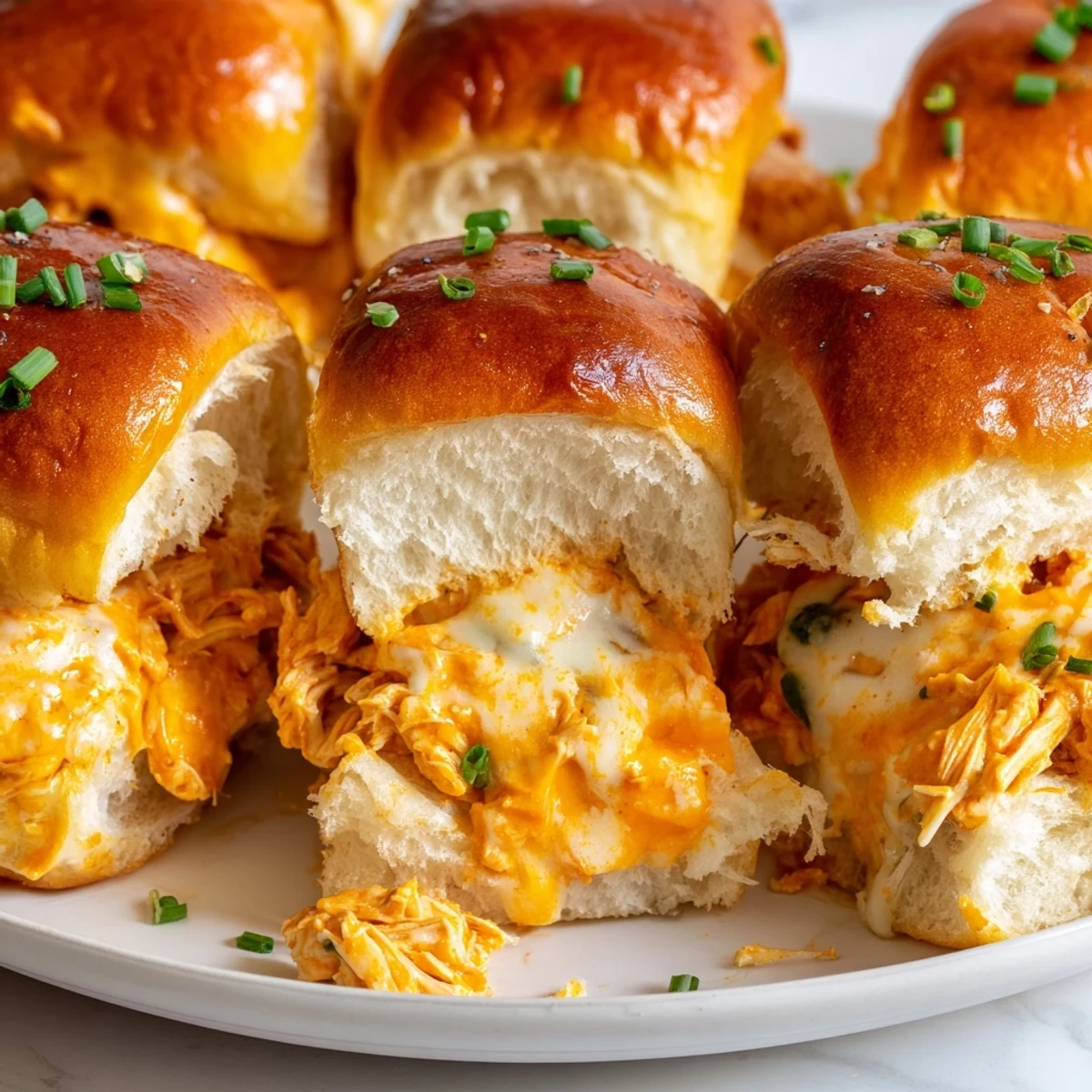 Golden-brown Buffalo Chicken Pizza Dip Sliders oozing with creamy buffalo chicken mixture and served on a platter.