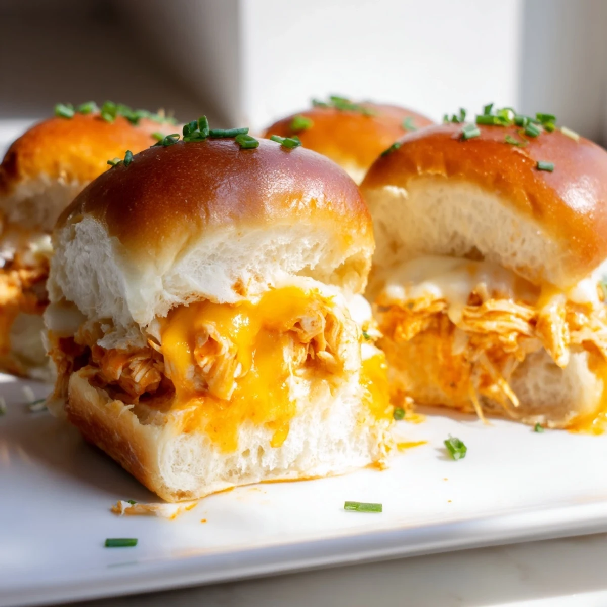 Warm Buffalo Chicken Pizza Dip Sliders garnished with fresh chives, ready to serve at a game day party.