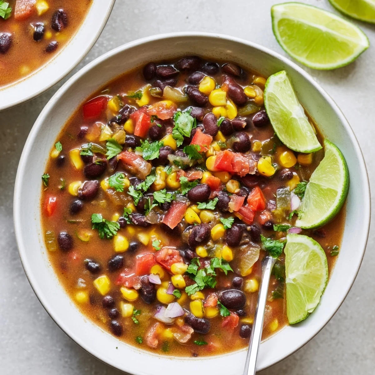 A steaming bowl of Black Bean Corn Chili Lime Delight garnished with fresh avocado slices and cilantro.
