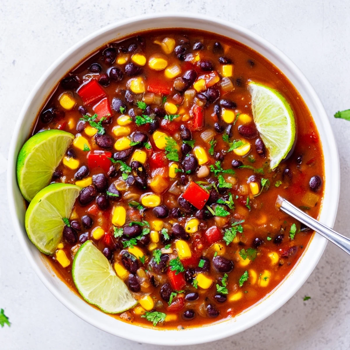 Black Bean Corn Chili Lime Delight served hot with lime wedges and tortilla chips on the side.