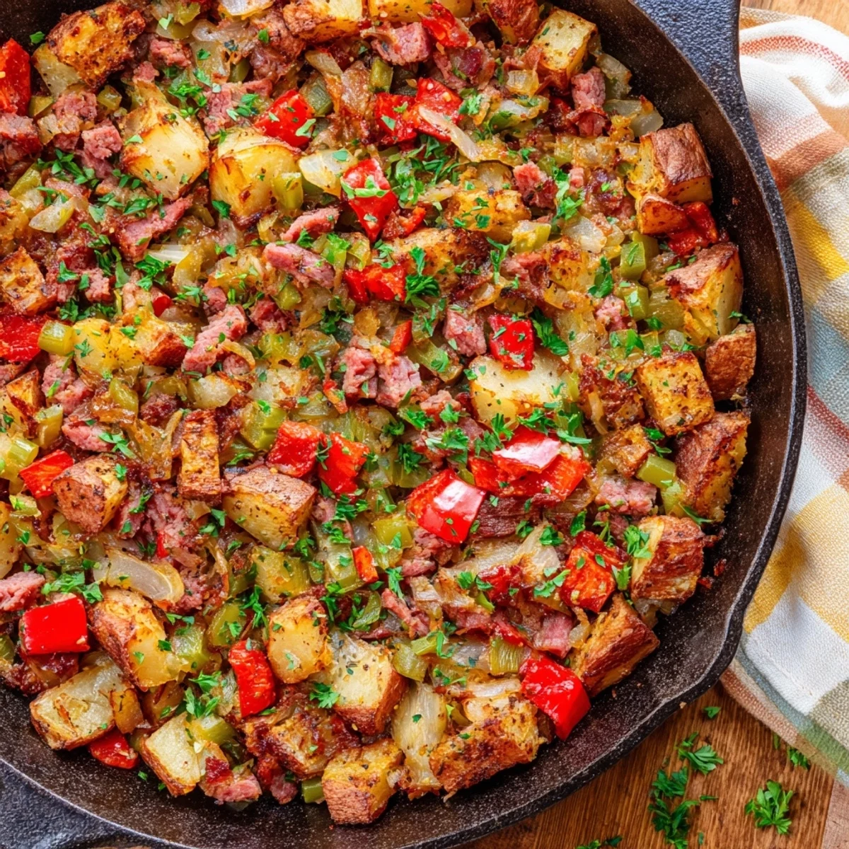 Overhead view of the Corned Beef Hash Skillet with Crispy Potatoes and Bell Peppers, served hot in a black cast-iron pan with a garnish of fresh chopped parsley.