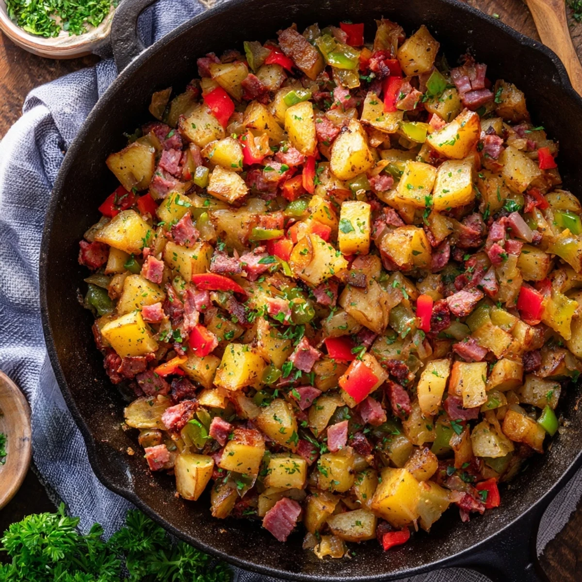 A close-up of Corned Beef Hash Skillet with Crispy Potatoes and Bell Peppers, featuring golden-brown cubes of corned beef and diced red and green peppers nestled among crispy fried potato chunks.