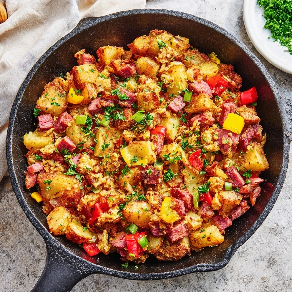 A rustic breakfast scene featuring Corned Beef Hash Skillet with Crispy Potatoes and Bell Peppers, ready to be served on a wooden table alongside a glass of orange juice.