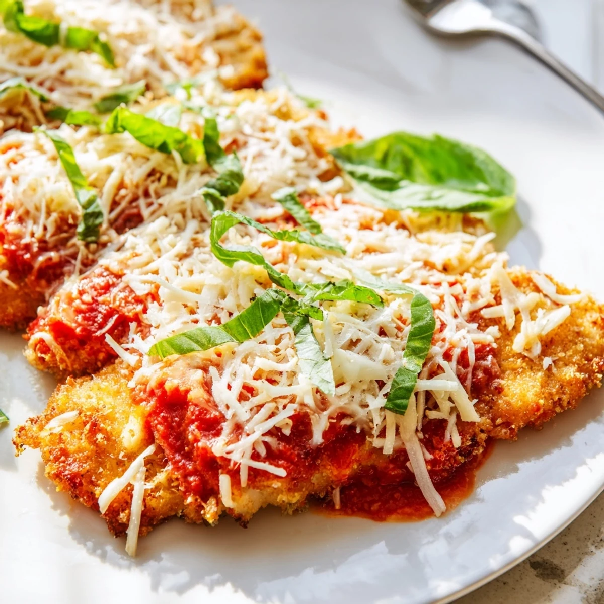 Golden-brown chicken breasts topped with melted mozzarella and marinara in a skillet, showcasing Amazing 15 Minute Keto Chicken Parmesan.