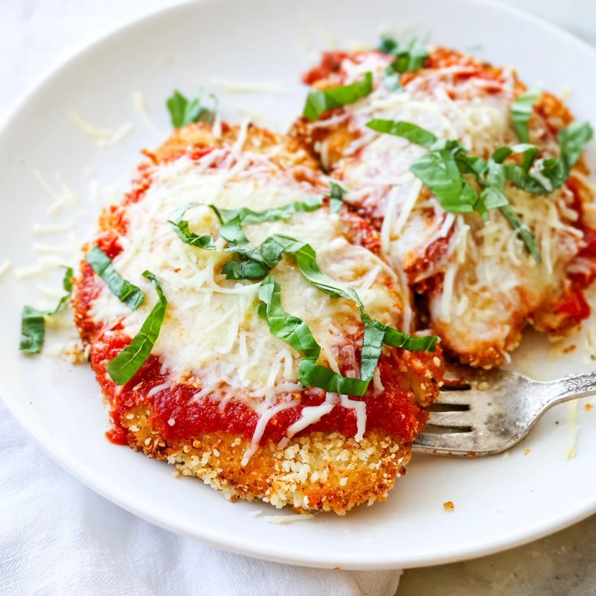 The Amazing 15 Minute Keto Chicken Parmesan is served hot from the skillet, garnished with fresh basil and ready to enjoy.