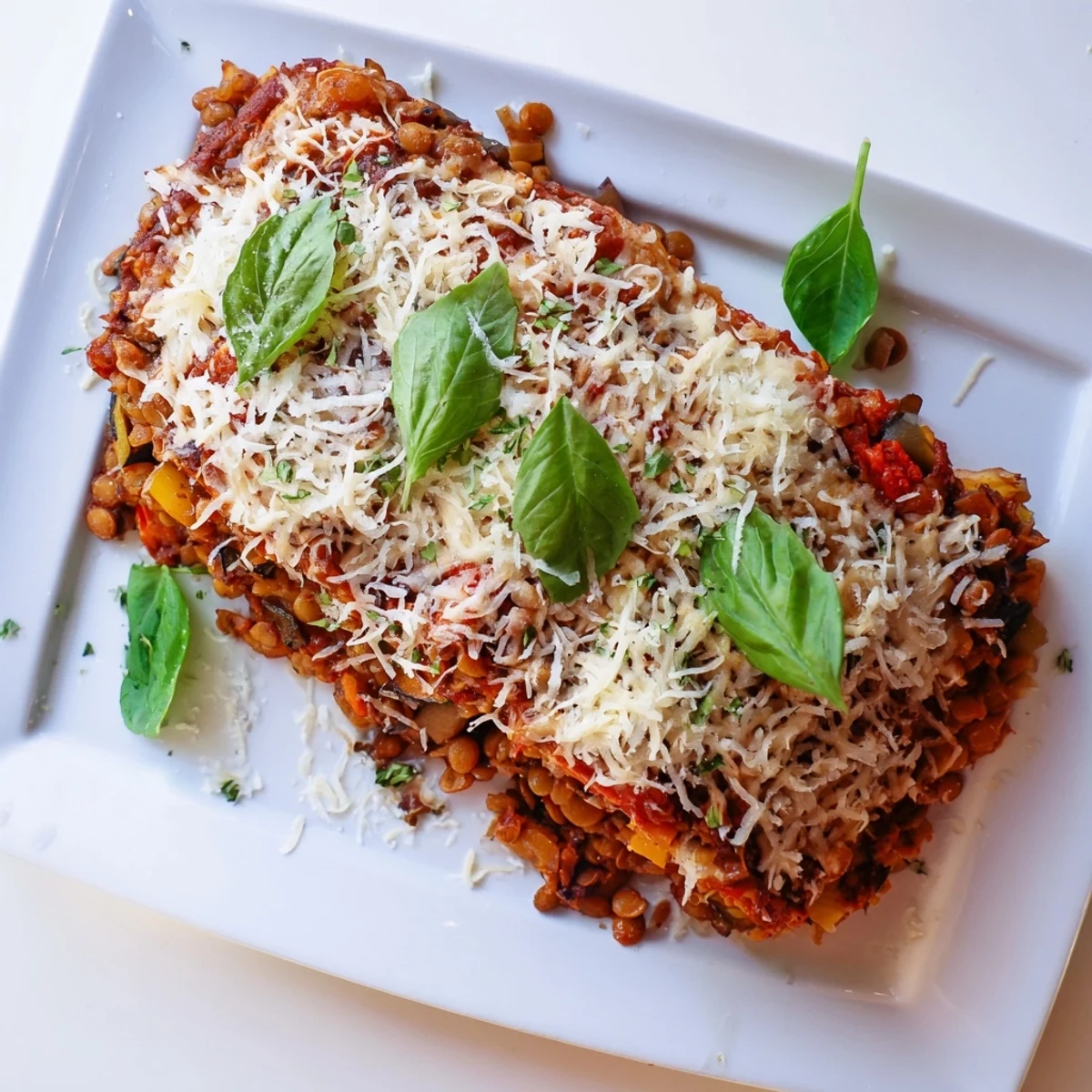 Golden-brown Smoky Veggie Lentil Lasagna with melted mozzarella and roasted eggplant slices on a rustic table.