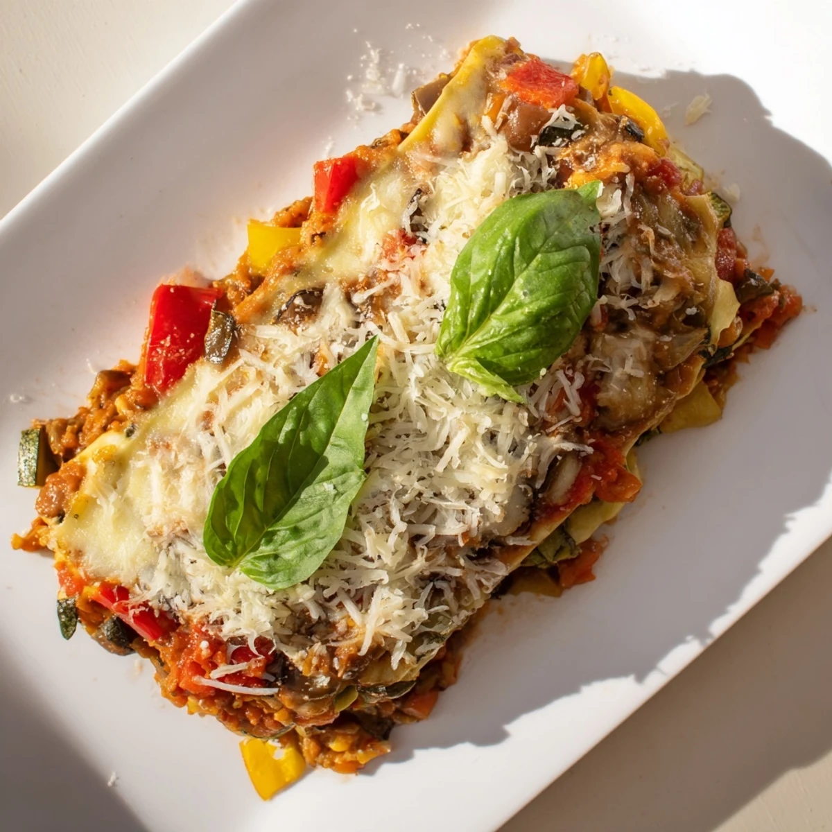 A hearty slice of Smoky Veggie Lentil Lasagna served on a white plate with fresh basil garnish.