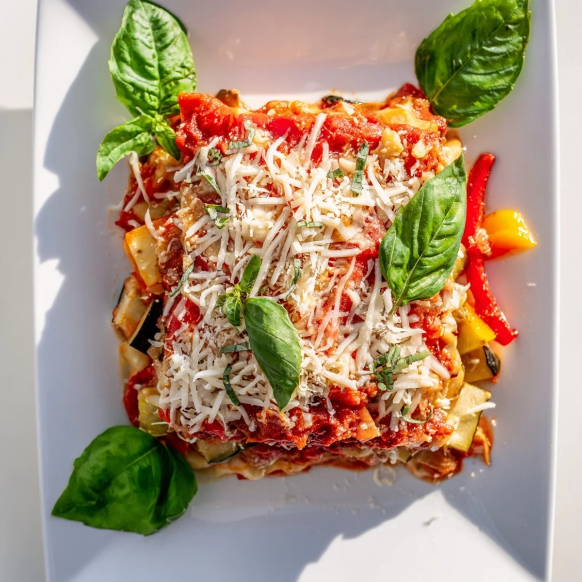 A close-up of Smoky Veggie Lentil Lasagna with creamy béchamel and vibrant roasted bell peppers inside.