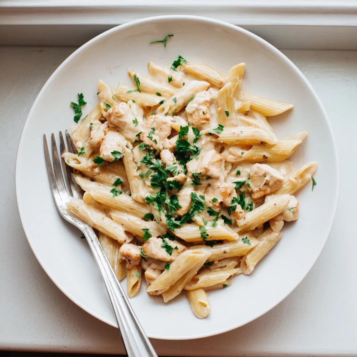 Golden pasta noodles rest beside slow-cooked chicken in rich sauce for Crockpot Garlic Parmesan Chicken Pasta.