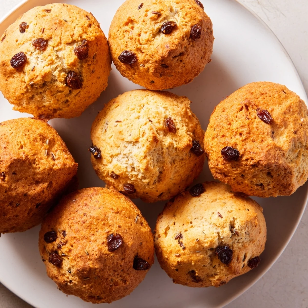 A close-up of Irish Soda Bread Muffins reveals raisins and caraway seeds nestled in the tender, lightly sweet bread.