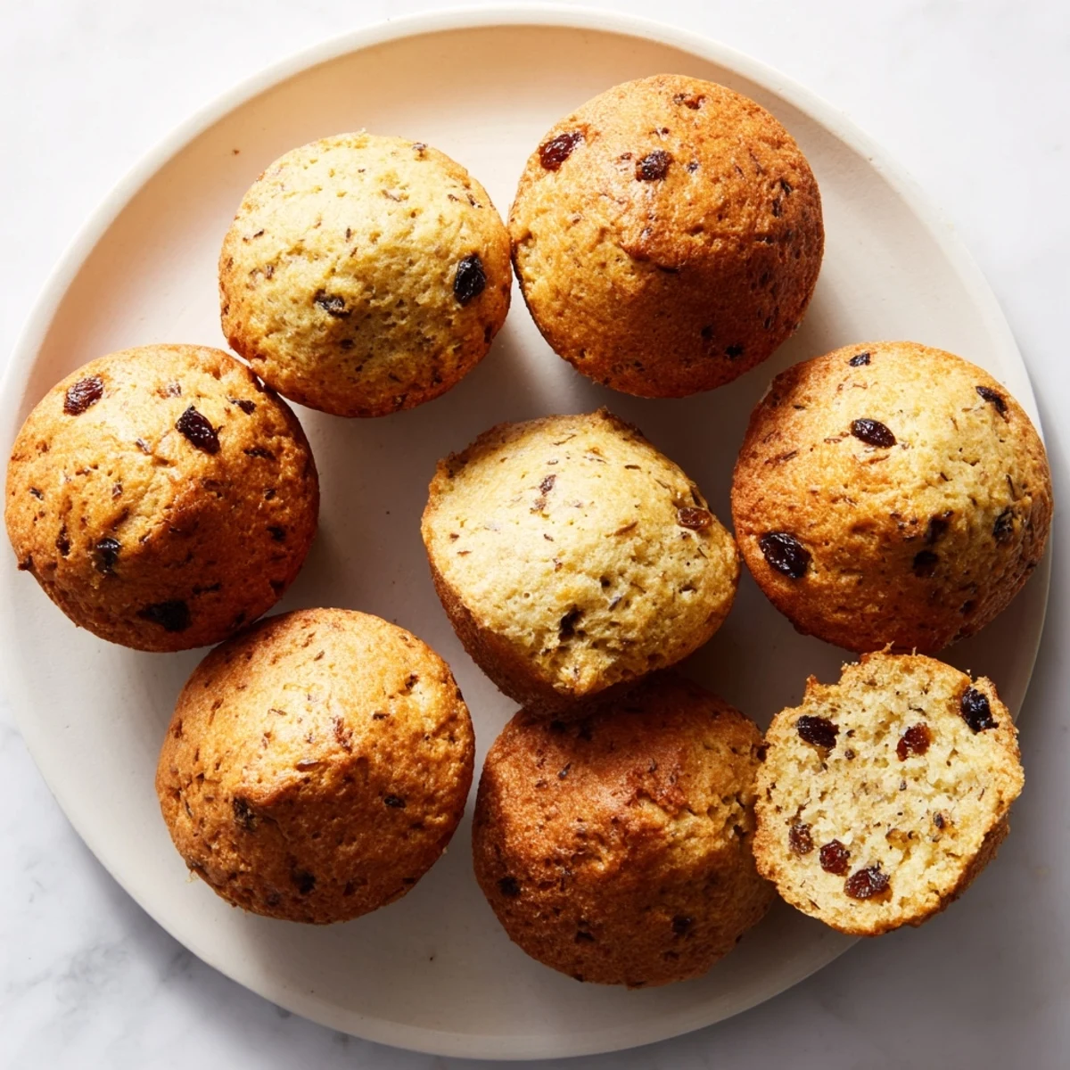 Stack of warm Irish Soda Bread Muffins on a white plate, ready to be served with butter and jam for breakfast.