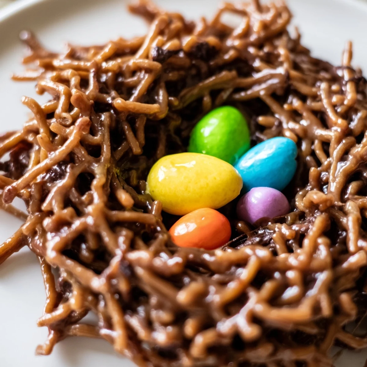 A close-up of Easter Birds Nest Cookies with Peanut Butter and Chocolate shows crunchy noodles and melted chocolate.