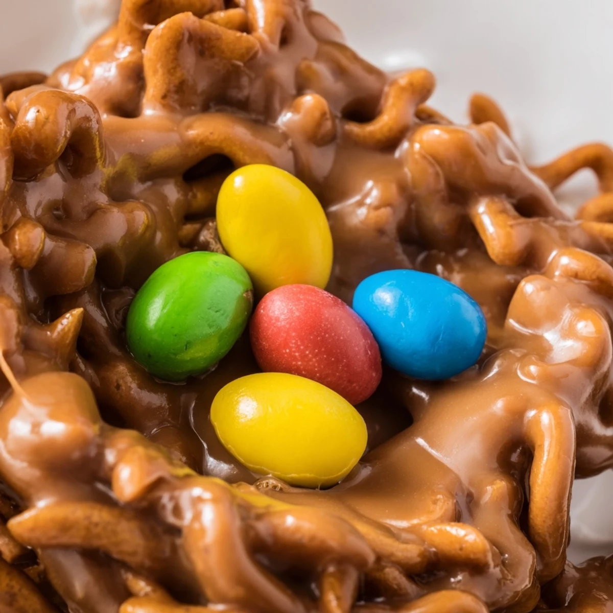 Nestled Easter Birds Nest Cookies with Peanut Butter and Chocolate sit on a pastel plate, cradling candy eggs.