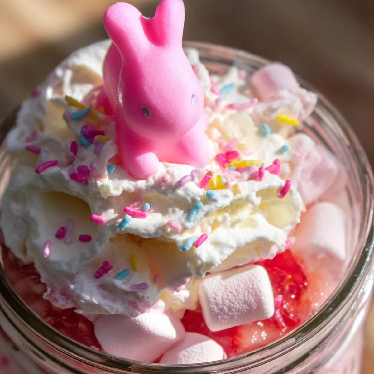 Strawberry and lemon gelatin cubes layered with creamy filling inside a clear jar topped with a pastel bunny candy.