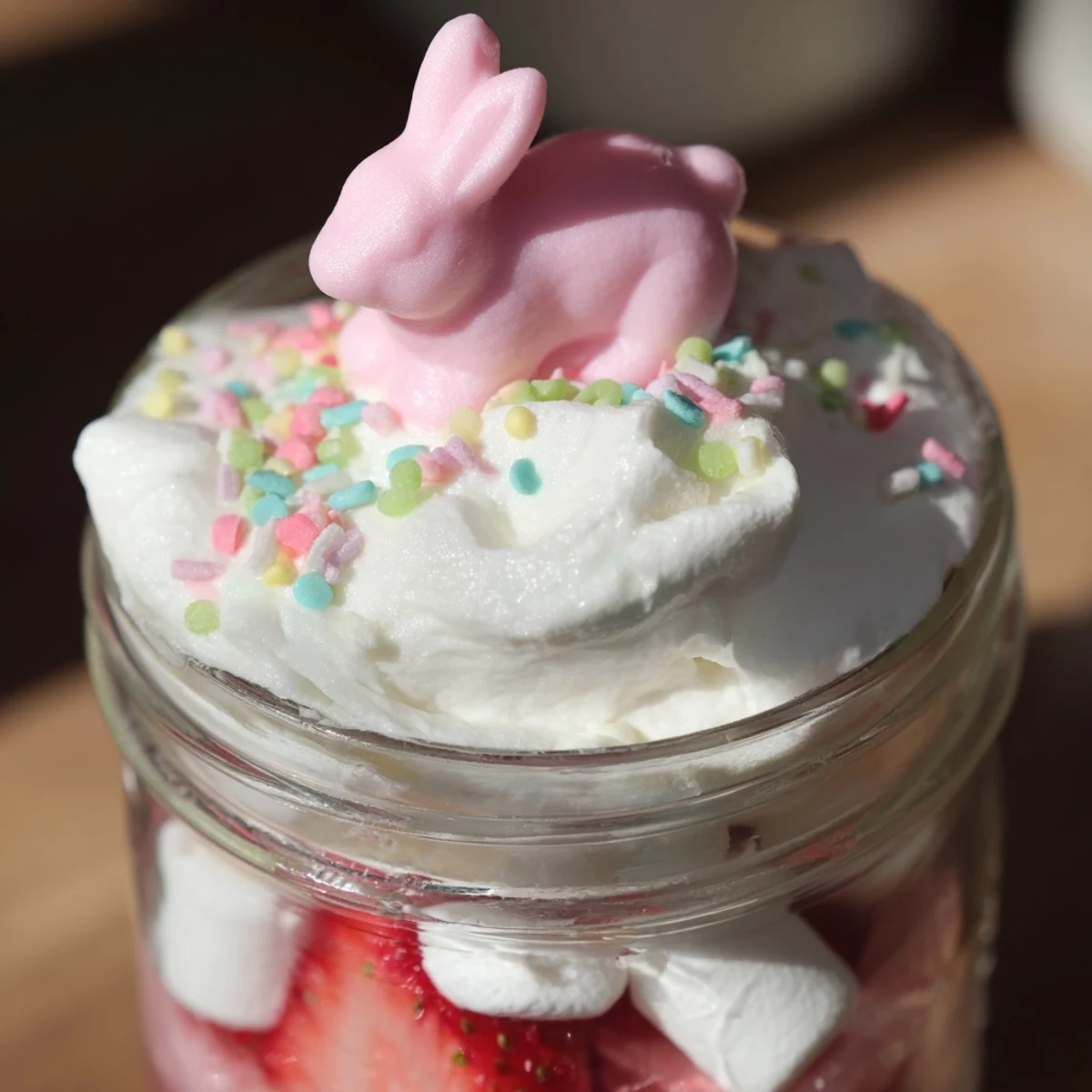 Bright fruit and fluffy marshmallows sit between creamy layers in a Jello Pie Easter Bunny Parfait In A Jar.