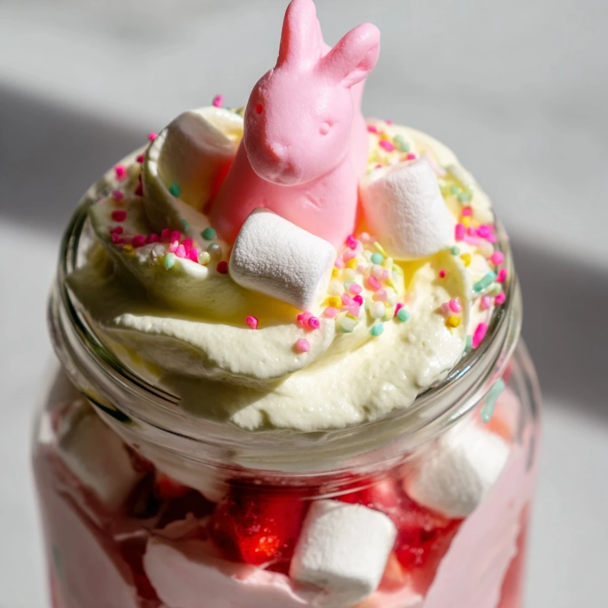 This spring dessert features wobbly pastel jello, whipped cream, and fresh fruit in individual jars for Easter celebrations.